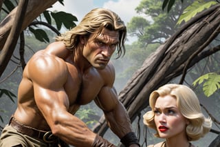 Award-wining photography, (Savage man Tarzan), protecting a beautiful 1920s (blonde woman), perfect face, sharp eyes, extremely definition, ripped clothes, pre-historic wilderness, Volumetric 3d effect, ZBrush render, additional Blender details, scene from a cinematic high quality movie, action, eerie, Vintage style, cinematic natural lighting, lines by Frank Frazetta. 