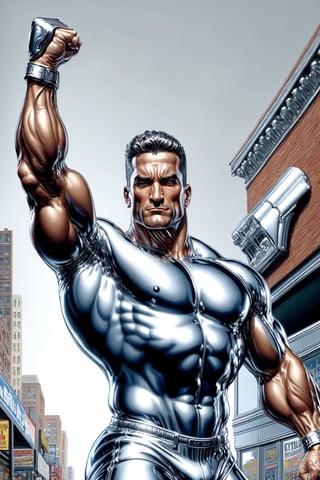 Photorealism, 8k, sharpest detail, (Man with (full) body made of chrome:1.2), heroic front posing as bodybuilder, arms up, perfect anatomy and musculature, masterpiece art by joe madureira and joe jusko, (reflective:1.2). 