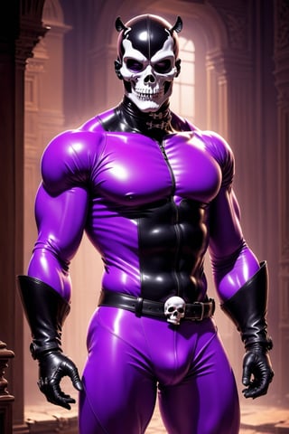 The Phantom by Lee Falk, light purple rubber bodysuit, athletic muscled, skull buckle, black long boots, black eye mask, double gun holsters, realistic art. ,Enhanced Reality,more saturation ,3D Render Style