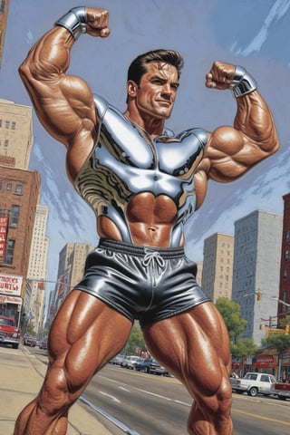 Photorealism, 8k, sharpest detail, (Man with full body made of chrome:1.2), heroic front posing as bodybuilder, arms up, perfect anatomy and musculature, masterpiece art by joe madureira and joe jusko, (reflective:1.2). 