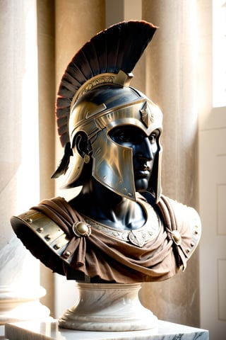 Spartan warrior cast as a bronze bust statue, positioned centrally on a marble pedestal flanked by Corinthian columns, intricate detail on the helmet plume, patina accentuating the warrior's stern features, armor embossed with historical motifs, in a grand hall with sunlight filtering through high arching windows casting soft shadows, dramatic lighting, high dynamic range, 8k resolution. ,dark moody atmosphere,better photography