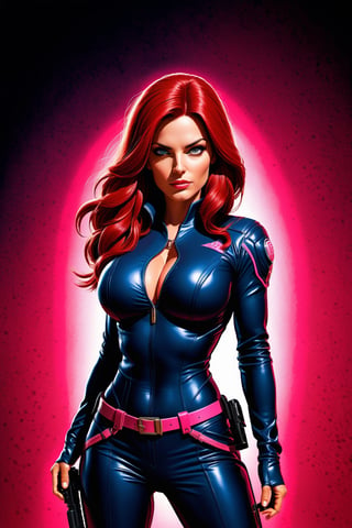 photography, 2000 AD comic style cover art, extremely beautiful secret Agent operative girl, red long hair, wearing dark blue leather tight body suit, (big boobs:1.3), double handguns, action pose, worms eye view shot, Realistic 3d glossy pink effect, octane render,TSHIRT DESIGN