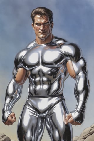 (Man with full body made of chrome:1.6), heroic front posing as bodybuilder, arms up, perfect anatomy and musculature, masterpiece art by joe madureira and joe jusko, (reflective:1.2). 