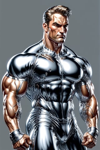 Photorealism, 8k, sharpest detail, (Man with (full) body made of chrome:1.2), heroic front posing as bodybuilder, arms up, perfect anatomy and musculature, masterpiece art by joe madureira and joe jusko, (reflective:1.2). 