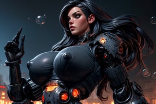 destroyed dystopian city, photorealistic style art , ultra big voluptuous boobs, fitness ripped muscled body female wearing a full bubble smooth shaped, large war cybernetic Mechanized mobile armor, with damage dents, matte Metalic dark grey dark orange colors smooth surfaces Cyborg prosthetics, 1 girl,3DMM