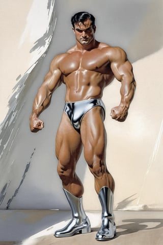 (Man with full body made of chrome:1.6), heroic front posing as bodybuilder, arms up, perfect anatomy and musculature, masterpiece art by Frank Frazetta and Hajime Sorayama, (reflective:1.2). 