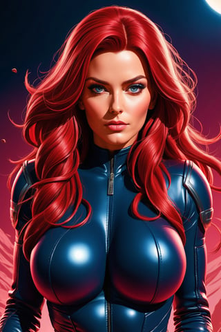 photography, 2000 AD comic style cover art, extremely beautiful secret Agent operative girl, red long hair, wearing dark blue leather tight body suit, (big boobs:1.3), double handguns, action pose, worms eye view shot, Realistic 3d glossy pink effect, octane render,