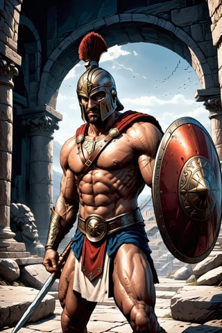 photo realism, 15mm wide-angle lens, masterpiece Art by Joe Jusko and joe madureira, (Extremely perfect, exagerated muscled anatomy:1.4), (Greek hoplite Spartan, holding a spear and shield:1.3), ultra photoreal, photographic, concept art, cinematic lighting, cinematic composition, ultra-detailed, ultra-realistic, photorealism, 8k, octane render, cinematic, realistic, highly detailed, UHD, perfect composition, beautiful, intricate, insanely detailed, rays, reflects. ,comic book