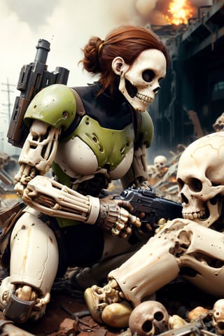 (faceless android:1.5), brown rusty colors,(holding a squared gun:1.2), crouched position, on top of a mount of human decayed white skulls and bones, Dark Gold, nuclear fallout skies, dense brown fog, destroyed dystopian city, silverpoint, hyperrealistic art, extremely high-resolution details, photographic, realism pushed to extreme, fine texture, incredibly lifelike, 