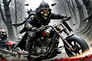 The caped Chainsaw biker, grotesquery, dark, eerie, hellish motorcycle, art by Yoann Lossel, spikes on wheels, bloody Macabre, 2000 AD comic style, red image filter, 3d ground view, High speed Slow motion, Dynamic motion blur, fisheye cam, dslr, raw photography, cinematic motion. ,SD 1.5