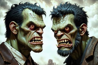 Two diferent characters, hyperrealistic Vintage art of a angry (Frankenstein:1.2) vs. A Savage (Wolfman:1.2), Zdzislaw Beksinski style, extremely high-resolution details, photographic, realism pushed to extreme, fine texture, incredibly lifelike, medium shot, grotesquery, ultra skin, intricate clothes, badass look, action, best quality, artwork masterpiece, REALISTIC, Enhanced Reality, 