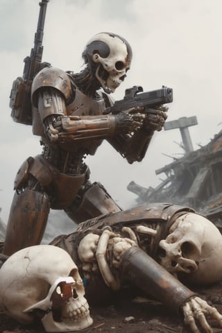 (faceless android:1.5), brown rusty colors,(holding a squared gun:1.2), crouched position, on top of a mount of human decayed white skulls and bones, Dark Gold, nuclear fallout skies, dense brown fog, destroyed dystopian city, silverpoint, hyperrealistic art, extremely high-resolution details, photographic, realism pushed to extreme, fine texture, incredibly lifelike, 
