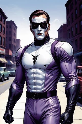 The Phantom by Lee Falk, The Ghost Who Walks, first superhero, tight light purple suit, athletic, mask. 