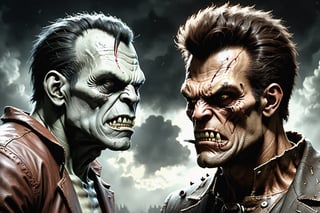 A hyperrealistic Vintage art of a (angry grey, bolted head Frankenstein:1.3) vs. (a Savage brown Wolfman:1.3), Zdzislaw Beksinski style, extremely high-resolution details, photographic, realism pushed to extreme, fine texture, incredibly lifelike, medium shot, grotesquery, ultra skin, intricate clothes, badass look, action, best quality, artwork masterpiece, REALISTIC, Enhanced Reality, 