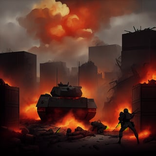 dark theme, in a battlefield, lots of tanks are in reddish fire and damaged while lots of soldiers are dead bodies on the ground with smoke coming out and crates, raining heavily, 4K, battlefield is in a city with broken buildings with reddish fire over it, airplanes on sky and being shot by bright long arrows which is known as anti-air, soldiers charging and some are dying, bloody, foggy and reddish, lots of long bright yellow line that represent as bullets flying around