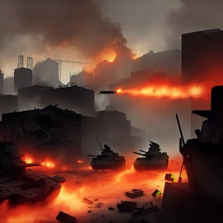 dark theme, in a battlefield, lots of tanks are in reddish fire and damaged while lots of soldiers are dead bodies on the ground with smoke coming out and crates, raining heavily, 4K, battlefield is in a city with broken buildings with reddish fire over it, airplanes on sky and being shot by bright long arrows which is known as anti-air, soldiers charging and some are dying, bloody, foggy and reddish, lots of long bright yellow line that represent as bullets flying around