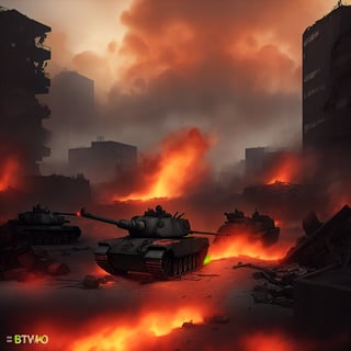 dark theme, in a battlefield, lots of tanks are in reddish fire and damaged while lots of soldiers are dead bodies on the ground with smoke coming out and crates, raining heavily, 4K, battlefield is in a city with broken buildings with reddish fire over it, airplanes on sky and being shot by bright long arrows which is known as anti-air, soldiers charging and some are dying, bloody, foggy and reddish, lots of long bright yellow line that represent as bullets flying around