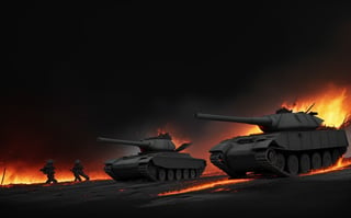dark theme, in a battlefield, lots of tanks are in fire and damaged while lots of soldiers are dead bodies on the ground with smoke coming out and crates, raining blood, 4K