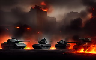 dark theme, in a battlefield, city is berlin, lots of soldiers are defending the town against lots of enemy soldiers and tanks, fire, foggy, reddish, blood, deads, tank destroyed and on fire, aircraft falling with flames in the mid-air