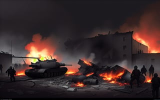 dark theme, in a battlefield, no one alive, soldiers dead bodies all around the ground, foggy, aircraft crashes on a building, tanks crashed each other and on flames, bloody, reddish