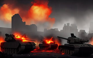 dark theme, in a battlefield, lots of tanks are in reddish fire and damaged while lots of soldiers are dead bodies on the ground with smoke coming out and crates, raining heavily, 4K, battlefield is in a city with broken buildings with reddish fire over it, airplanes on sky and being shot by bright long arrows which is known as anti-air, soldiers charging and some are dying, bloody, foggy and reddish, lots of long bright yellow line that represent as bullets flying around