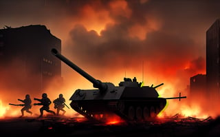 dark theme, in a battlefield, lots of tanks are in reddish fire and damaged while lots of soldiers are dead bodies on the ground with smoke coming out and crates, raining heavily, 4K, battlefield is in a city with broken buildings with reddish fire over it, airplanes on sky and being shot by bright long arrows which is known as anti-air, soldiers charging and some are dying, bloody, foggy and reddish, lots of long bright yellow line that represent as bullets flying around