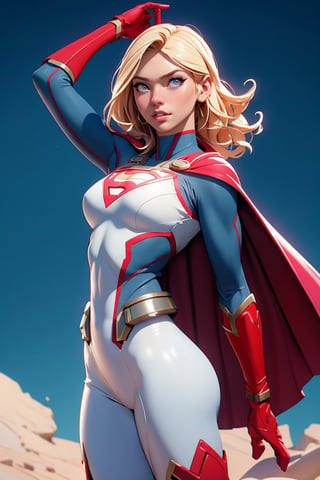 1girl, Highly detailed RAW color Photo, poised poise, superhero_pose, Full Body, ((portrait of supergirl)) age 18, ((dynamic_pose)), ((flying_midair)), ((fighting)), ((long_red_cape)), ((fully_suit_red_blue_white_gold)), beautiful face, symmetrical face, tone mapped, intricate, elegant, highly detailed, digital painting, concept art, red and blue, smooth, sharp focus, colorfull, depth of field, octane render,  art by artgerm and alphonse mucha, trending on artstation, cinematic animation still, by lois van baarle, ilya kuvshinov, metahuman, outdoors, toned body, (sci-fi), ((cloudy_blue sky)), (mountains:1.1), (lush green vegetation), (two moons in sky:0.8), (highly detailed, hyperdetailed, intricate), (lens flare:0.7), (bloom:0.7), particle effects, raytracing, cinematic lighting, shallow depth of field, photographed on a Sony a9 II, ((35mm f1.8_wide angle lens)), sharp focus, cinematic film still from Gravity 2013, short_curly_hair, average_breasts, blond_curly_hair, green-eyes, ((sexy_pink_lips)), intricate_detail, realistic, detailed_background, (8k, RAW photo, best quality, masterpie ce:1. 2), detailed_skin, sharp_eyes, beautifull, looking_at_camera, beautiful detailed eyes, beautiful detailed lips, high detailed skin, detailed background, 8k uhd, dslr,photorealistic, perfect hand, perfect fingers, big_breasts, Detailedface, 3DMM