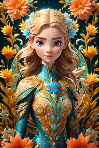 frozen nature, Incorporate elements like flowers, leaves, animals, and other natural patterns to create a unique and intricate design, symmetrical,perfect_symmetry, subsurface scattering, transparent, translucent skin, glow, bloom, Bioluminescent liquid,3d style,cyborg style,Movie Still, warm color, vibrant, volumetric light,3d