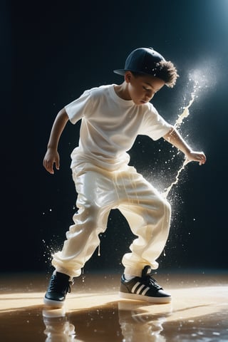 create a cute young boy break dance ((powermoves)) with trousers made of milk, splashed, drips, subsurface scattering, translucent, 100mm,Movie Still,detailmaster2,Film Still,make_3d,aesthetic portrait