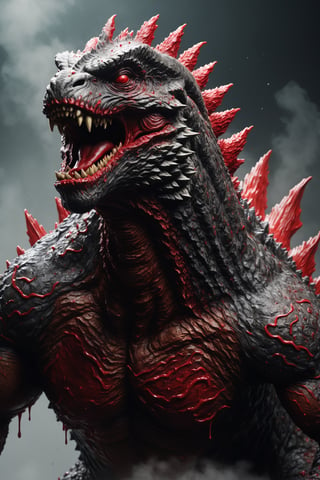 create a majestic zombie Godzilla made of red ink, splashed, drips, subsurface scattering, translucent, 100mm,Movie Still,detailmaster2,Film Still, dark cinematic, fog