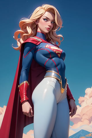 1girl, Highly detailed RAW color Photo, poised poise, superhero_pose, Full Body, ((portrait of supergirl)) age 18, ((dynamic_pose)), ((flying_midair)), ((fighting)), ((long_red_cape)), ((fully_suit_red_blue_white_gold)), beautiful face, symmetrical face, tone mapped, intricate, elegant, highly detailed, digital painting, concept art, red and blue, smooth, sharp focus, colorfull, depth of field, octane render,  art by artgerm and alphonse mucha, trending on artstation, cinematic animation still, by lois van baarle, ilya kuvshinov, metahuman, outdoors, toned body, (sci-fi), ((cloudy_blue sky)), (mountains:1.1), (lush green vegetation), (two moons in sky:0.8), (highly detailed, hyperdetailed, intricate), (lens flare:0.7), (bloom:0.7), particle effects, raytracing, cinematic lighting, shallow depth of field, photographed on a Sony a9 II, ((35mm f1.8_wide angle lens)), sharp focus, cinematic film still from Gravity 2013, short_curly_hair, average_breasts, blond_curly_hair, green-eyes, ((sexy_pink_lips)), intricate_detail, realistic, detailed_background, (8k, RAW photo, best quality, masterpie ce:1. 2), detailed_skin, sharp_eyes, beautifull, looking_at_camera, beautiful detailed eyes, beautiful detailed lips, high detailed skin, detailed background, 8k uhd, dslr,photorealistic, perfect hand, perfect fingers, big_breasts, Detailedface, 3DMM