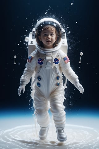 create a kid astronaut dancing with dress made of milk, splashed, drips, subsurface scattering, translucent, 100mm,Movie Still,detailmaster2,Film Still,make_3d,aesthetic portrait