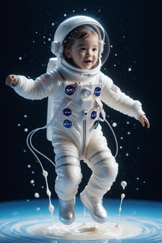 create a cute kid astronaut dancing with dress made of milk, splashed, drips, subsurface scattering, translucent, 100mm,Movie Still,detailmaster2,Film Still,make_3d,aesthetic portrait