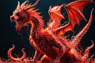 create a majestic red dragon jumping made of red ink, splashed, drips, subsurface scattering, translucent, 100mm,Movie Still,detailmaster2,Film Still