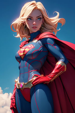 1girl, Highly detailed RAW color Photo, poised poise, superhero_pose, Full Body, ((portrait of supergirl)) age 18, ((dynamic_pose)), ((flying_midair)), ((fighting)), ((long_red_cape)), ((fully_suit_red_blue_white_gold)), beautiful face, symmetrical face, tone mapped, intricate, elegant, highly detailed, digital painting, concept art, red and blue, smooth, sharp focus, colorfull, depth of field, octane render,  art by artgerm and alphonse mucha, trending on artstation, cinematic animation still, by lois van baarle, ilya kuvshinov, metahuman, outdoors, toned body, (sci-fi), ((cloudy_blue sky)), (mountains:1.1), (lush green vegetation), (two moons in sky:0.8), (highly detailed, hyperdetailed, intricate), (lens flare:0.7), (bloom:0.7), particle effects, raytracing, cinematic lighting, shallow depth of field, photographed on a Sony a9 II, ((35mm f1.8_wide angle lens)), sharp focus, cinematic film still from Gravity 2013, short_curly_hair, average_breasts, blond_curly_hair, green-eyes, ((sexy_pink_lips)), intricate_detail, realistic, detailed_background, (8k, RAW photo, best quality, masterpie ce:1. 2), detailed_skin, sharp_eyes, beautifull, looking_at_camera, beautiful detailed eyes, beautiful detailed lips, high detailed skin, detailed background, 8k uhd, dslr,photorealistic, perfect hand, perfect fingers, big_breasts, Detailedface, 3DMM