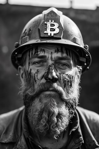 closeup portrait of a coal miner with dirt on his face, old, dirty long beard, bitcoin logo on the helmet, black and white photography, drips, subsurface scattering, translucent, 100mm,Movie Still,detailmaster2,Film Still