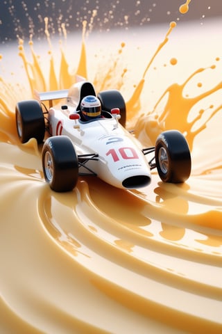 create a cute retro classic formula 1 race car made of milk, splashed, drips, subsurface scattering, translucent, 100mm,Movie Still,detailmaster2,Film Still,make_3d,aesthetic portrait