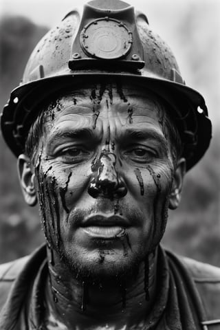 closeup portrait of a coal miner with dirt in his face, black and white photography, drips, subsurface scattering, translucent, 100mm,Movie Still,detailmaster2,Film Still