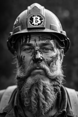 closeup portrait of a coal miner with dirt on his face, old, dirty long beard, bitcoin logo on the helmet, black and white photography, drips, subsurface scattering, translucent, 100mm,Movie Still,detailmaster2,Film Still