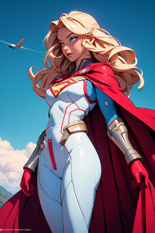 1girl, Highly detailed RAW color Photo, poised poise, superhero_pose, Full Body, ((portrait of supergirl)) age 18, ((dynamic_pose)), ((flying_midair)), ((fighting)), ((long_red_cape)), ((fully_suit_red_blue_white_gold)), beautiful face, symmetrical face, tone mapped, intricate, elegant, highly detailed, digital painting, concept art, red and blue, smooth, sharp focus, colorfull, depth of field, octane render,  art by artgerm and alphonse mucha, trending on artstation, cinematic animation still, by lois van baarle, ilya kuvshinov, metahuman, outdoors, toned body, (sci-fi), ((cloudy_blue sky)), (mountains:1.1), (lush green vegetation), (two moons in sky:0.8), (highly detailed, hyperdetailed, intricate), (lens flare:0.7), (bloom:0.7), particle effects, raytracing, cinematic lighting, shallow depth of field, photographed on a Sony a9 II, ((35mm f1.8_wide angle lens)), sharp focus, cinematic film still from Gravity 2013, short_curly_hair, average_breasts, blond_curly_hair, green-eyes, ((sexy_pink_lips)), intricate_detail, realistic, detailed_background, (8k, RAW photo, best quality, masterpie ce:1. 2), detailed_skin, sharp_eyes, beautifull, looking_at_camera, beautiful detailed eyes, beautiful detailed lips, high detailed skin, detailed background, 8k uhd, dslr,photorealistic, perfect hand, perfect fingers, big_breasts, Detailedface, 3DMM