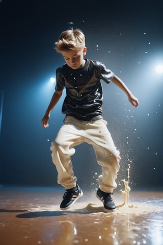 create a cute young boy break dancing (toprock) with trousers made of milk, splashed, drips, subsurface scattering, translucent, 100mm,Movie Still,detailmaster2,Film Still,make_3d,aesthetic portrait