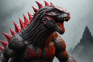 create a majestic zombie Godzilla made of red ink, splashed, drips, subsurface scattering, translucent, 100mm,Movie Still,detailmaster2,Film Still, dark cinematic, fog