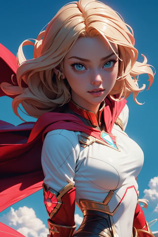 1girl, Highly detailed RAW color Photo, poised pose, Full Body, ((portrait of supergirl)) age 18, ((dynamic_pose)), ((flying_midair)), ((fighting)), ((long_red_cape)), ((fully_suit_red_blue_white_gold)), beautiful face, symmetrical face, tone mapped, intricate, elegant, highly detailed, digital painting, concept art, red and blue, smooth, sharp focus, colorfull, depth of field, octane render,  art by artgerm and alphonse mucha, trending on artstation, cinematic animation still, by lois van baarle, ilya kuvshinov, metahuman, outdoors, toned body, (sci-fi), ((cloudy_blue sky)), (mountains:1.1), (lush green vegetation), (two moons in sky:0.8), (highly detailed, hyperdetailed, intricate), (lens flare:0.7), (bloom:0.7), particle effects, raytracing, cinematic lighting, shallow depth of field, photographed on a Sony a9 II, ((35mm f1.8_wide angle lens)), sharp focus, cinematic film still from Gravity 2013, short_curly_hair, average_breasts, blond_curly_hair, green-eyes, ((sexy_pink_lips)), intricate_detail, realistic, detailed_background, (8k, RAW photo, best quality, masterpie ce:1. 2), detailed_skin, sharp_eyes, beautifull, looking_at_camera, beautiful detailed eyes, beautiful detailed lips, high detailed skin, detailed background, 8k uhd, dslr,photorealistic, perfect hand, perfect fingers, big_breasts, Detailedface, 3DMM
