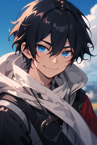 Demon King, 1boy, male_focus, blue_eyes, solo, smile, blurry, outdoors, day, blurry_background, looking_at_viewer, sky, cloud, hair_between_eyes, blue_sky, bangs, black_hair, shiny_hair, closed_mouth, eyebrows_visible_through_hair, depth_of_field, close-up