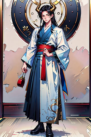 Full body shot, Hanfu_Dragon_Boy,1male, very long black hair, bags, gold yellow eyes, Dragon horns, handsome ,Gold gold eyes,Very long lack hair ,Hanfu