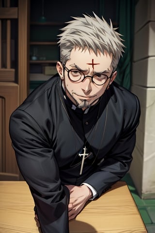 Boobs_Paladin, Masterpiece, best quality, best hires, 4k,detailed, black outline, intense shadow, sharp focus, upper body, centered, full picture, boy, solo, 40 years old, catholic, catholic, {short hair, light gray hair, red eyes} , black Catholic priest, outfit, black Round glasses with orange glass , anime, Sneer, Light beard, goatee on the chin, Wrinkles, cross-shaped scar on the forehead, full body shot, seductive look, sexy ,tareme-eyes,