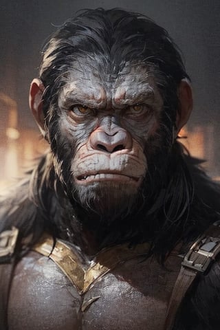 , (portrait, cinematic light,), {(solo_ape), (Caesar/*Planet of the Apes_Movie_2018),. Feral, savage, strong, menacing, short_fur(black)