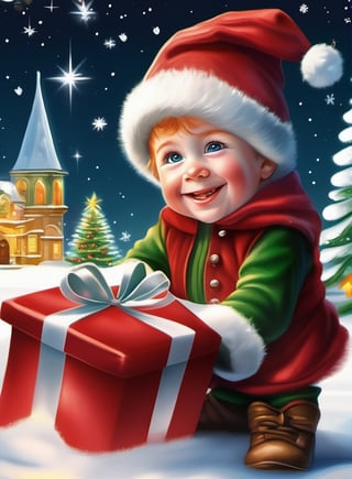 Realistically extra detailed, gold and red colors, new year details, star, beautiful ornaments, background, Christmas trees, illuminated in detail with realistic light, lamps, snow on the trees, the whole
Realistic detailed, cute little boy with small elfs ear, portrait with a wide-angle view, capturing the Santa Claus near, boy elf, many vibrant color stars, snow faling, splashes, Santa elf. One little cute little boy with a big smile, red cheeks, (((wearing big blue eyes))), (((red color hair))), (((wearing on had red color pointy hat conical shape with a pointed tip, folded on a third part, white round puff at the end))), (((green color wide brim at the base of hat))), (((dark_red color bangs, sticking out from under hat))), ((( red festive tunic))), (((wearing green vest with embroidered stars all over surface, with short pleated sleeves, embroidered with realistic detailed red thick thread, around a sewn row brown leather buttons, large pockets))),Realistically extra detailed, gold and red colors, new year details, star, beautiful ornaments, background, Christmas trees, illuminated in detail with realistic light, lamps, snow on the trees, the whole,  ((masterpiece)), (((best quality))), ((ultra detail)), 48K, UHD, RAW image, (((high definition))), ((extremely realistic)), (reflections), nice face, perfect anatomy, simetrical eyes, detailed eyes,  Masterpiece, 1boy
background is in the snow, in the distance a wonderful old decorated house with a chimney from from which smoke comes out, illuminated house of Santa Claus, snow on the roof of the house, realistic shadows, pleasant night with twinkling stars, in front of the boy, arranged boxes with gifts of various colors and patterns, decorated with ribbons, realistic detailed picture, festive, cheerful