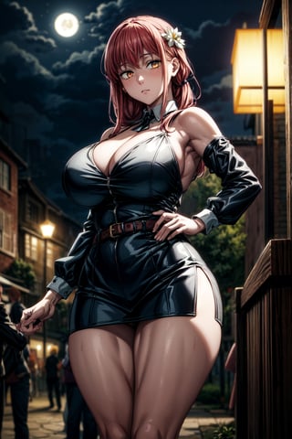 best quality, highres, 1girl, makima,  thick thighs, narrow waist, stunning hourglass figure, muscular physique, beautiful, 1girl, big breast, moon, lantern, night, solo, room, hair accessory, cleavage, hair flower, outdoor, sky, full moon, brunette hair, mountain, cloud, holding, belt, bare shoulders, paper lantern, standing,  night sky, side chest, belt, wet clothes, bangs, tree, from front, reflection, cloudy sky, (very detailed CG Unity 8k wallpaper), best quality, Solo, 1girl, cinematic lighting, detailed background, beautiful detailed eyes, bright pupils, (very delicate and beautiful), (beautiful and detailed eye description), detailed, masterpiece ,Luxurious Wheels Costume symmetrical eyes, symmetrical face, action pose, determined expression, pale white skin, perfect skin, textured hair, 8k resolution, realistic, photorealistic ultra detailed,  night, naked breast, seductive_pose, makima \(chainsaw man\), red hair,full_body,thick thighs, tight butt, Victorian era, busy street, black dress, clock tower 