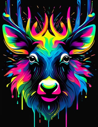 vector t-shirt design art, neon colored, a reindeer face head splash art dope 3d , pastel colors, uhd , full details, 24k, deep colors, perfect art, hyper photo realistic, black background